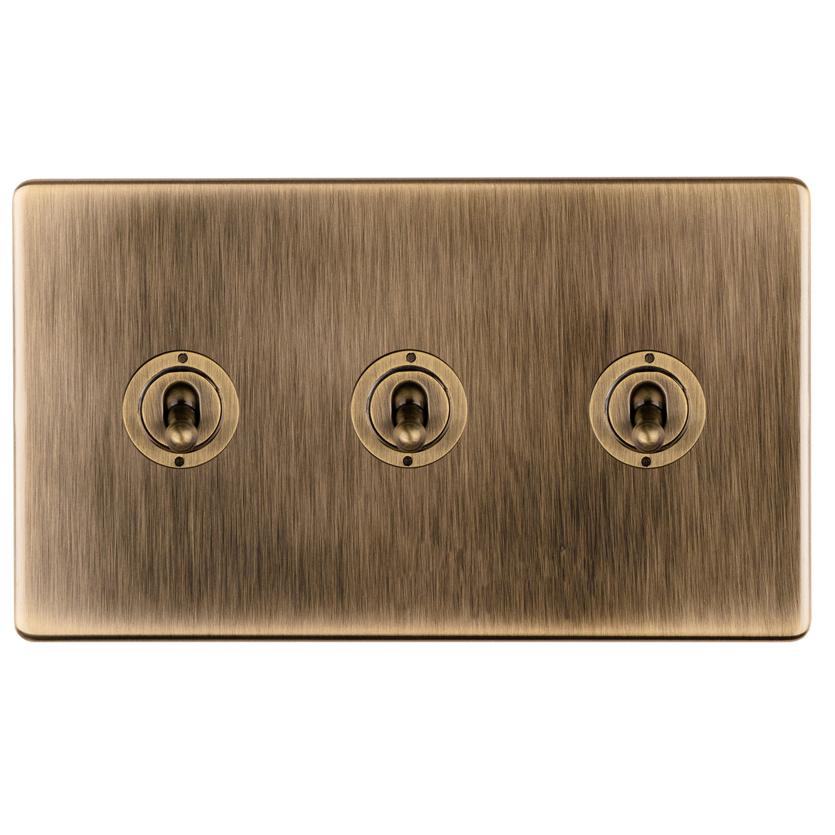 This is an image showing Eurolite 3 Gang 10Amp 2Way Toggle Switch- Antique Brassabt3sw available to order from T.H. Wiggans Ironmongery in Kendal, quick delivery and discounted prices.