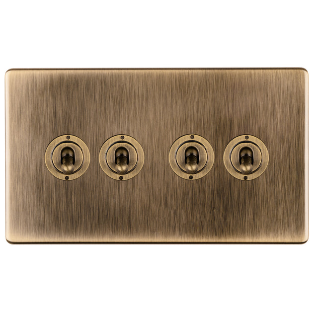 This is an image showing Eurolite 4 Gang 10Amp 2Way Toggle Switch - Antique Brassabt4sw available to order from T.H. Wiggans Ironmongery in Kendal, quick delivery and discounted prices.