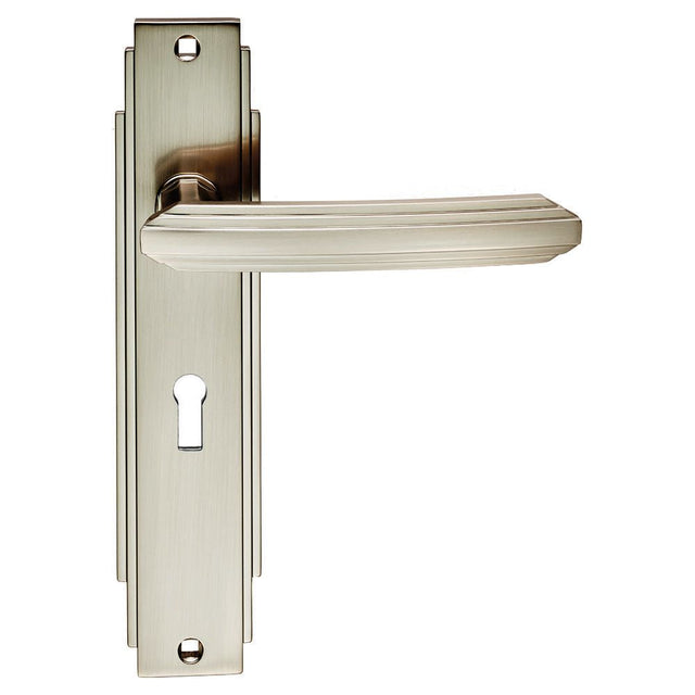 This is an image of Carlisle Brass - Art Deco Lever on Lock Backplate - Satin Nickel available to order from T.H Wiggans Architectural Ironmongery in Kendal, quick delivery and discounted prices.