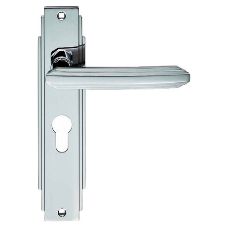 This is an image of Carlisle Brass - Art Deco Lever on Euro Lock Backplate - Polished Chrome available to order from T.H Wiggans Architectural Ironmongery in Kendal, quick delivery and discounted prices.