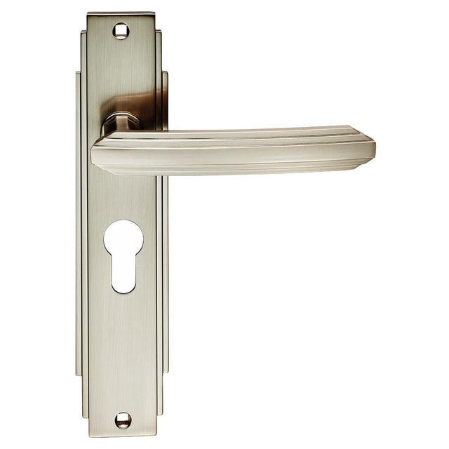 This is an image of Carlisle Brass - Art Deco Lever on Euro Lock Backplate - Satin Nickel available to order from T.H Wiggans Architectural Ironmongery in Kendal, quick delivery and discounted prices.