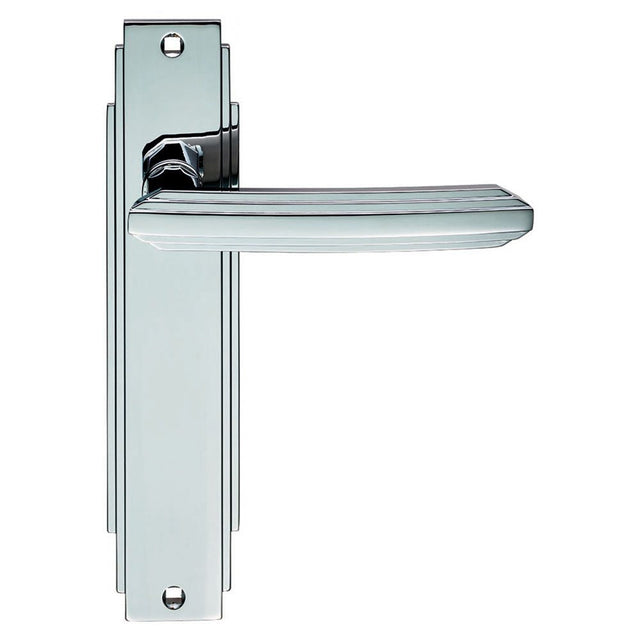 This is an image of Carlisle Brass - Art Deco Lever on Latch Backplate - Polished Chrome available to order from T.H Wiggans Architectural Ironmongery in Kendal, quick delivery and discounted prices.