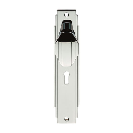 This is an image of Carlisle Brass - Art Deco Knob on Lock Backplate - Polished Chrome available to order from T.H Wiggans Architectural Ironmongery in Kendal, quick delivery and discounted prices.