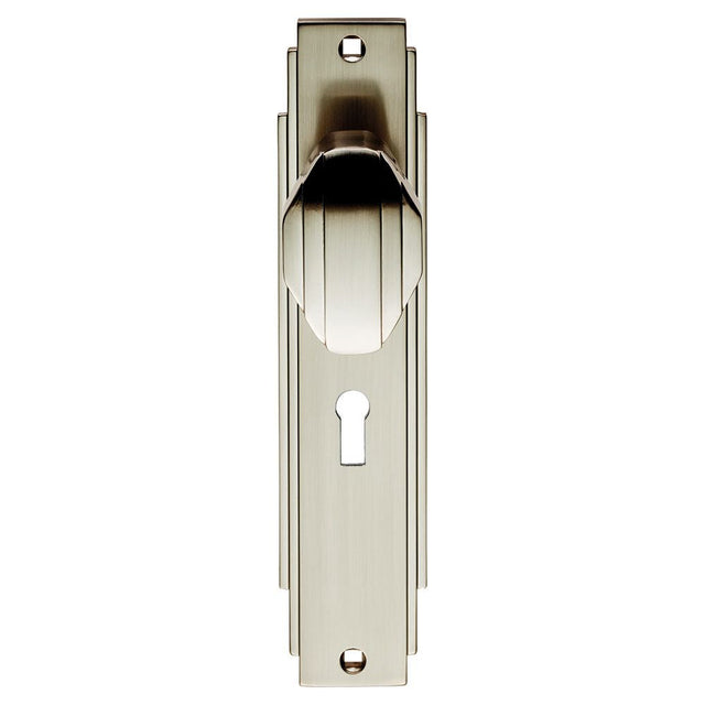 This is an image of Carlisle Brass - Art Deco Knob on Lock Backplate - Satin Nickel available to order from T.H Wiggans Architectural Ironmongery in Kendal, quick delivery and discounted prices.