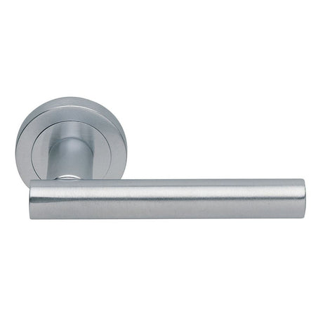 This is an image of Manital - Calla Lever on Round Rose - Satin Chrome available to order from T.H Wiggans Architectural Ironmongery in Kendal, quick delivery and discounted prices.