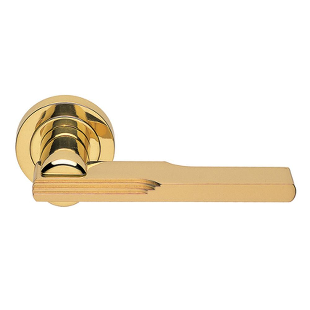 This is an image of Manital - Veronica Lever on Round Rose in - Polished Brass available to order from T.H Wiggans Architectural Ironmongery in Kendal, quick delivery and discounted prices.