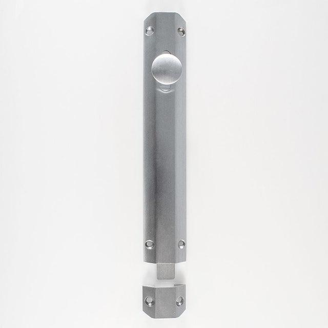 This is an image of a Carlisle Brass - Surface Bolt 203mm - Satin Chrome that is availble to order from T.H Wiggans Architectural Ironmongery in Kendal in Kendal.
