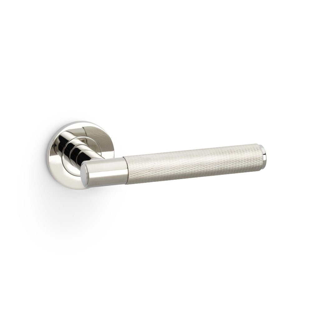 This is an image showing Alexander & Wilks Spitfire Knurled Lever on Round Rose - Polished Nickel PVD aw220pnpvd available to order from T.H Wiggans Ironmongery in Kendal, quick delivery and discounted prices.