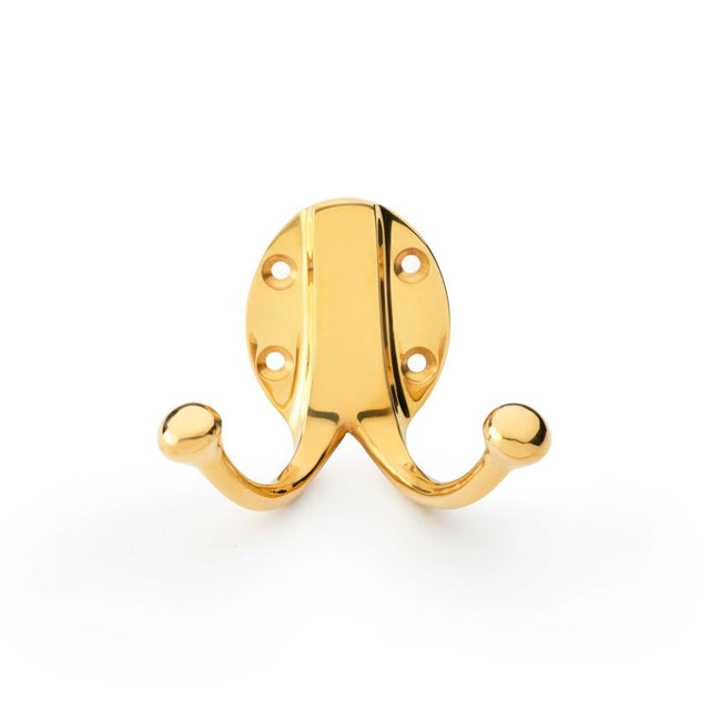 This is an image showing Alexander & Wilks Traditional Double Robe Hook - Unlacquered Brass aw771ub available to order from T.H Wiggans Ironmongery in Kendal, quick delivery and discounted prices.