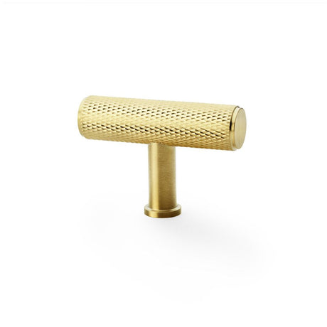 This is an image showing Alexander & Wilks Crispin Knurled T-bar Cupboard Knob - Satin Brass PVD aw801-55-sbpvd available to order from T.H Wiggans Ironmongery in Kendal, quick delivery and discounted prices.