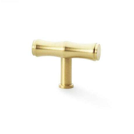 This is an image showing Alexander & Wilks Crispin Bamboo T-bar Cupboard Knob - Satin Brass PVD aw801b-55-sbpvd available to order from T.H Wiggans Ironmongery in Kendal, quick delivery and discounted prices.