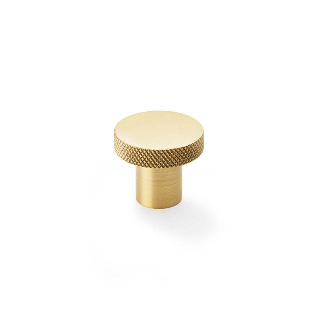 This is an image showing Alexander & Wilks Hanover Knurled Circular Cupboard Knob - Satin Brass - 30mm aw802-30-sb available to order from T.H Wiggans Ironmongery in Kendal, quick delivery and discounted prices.