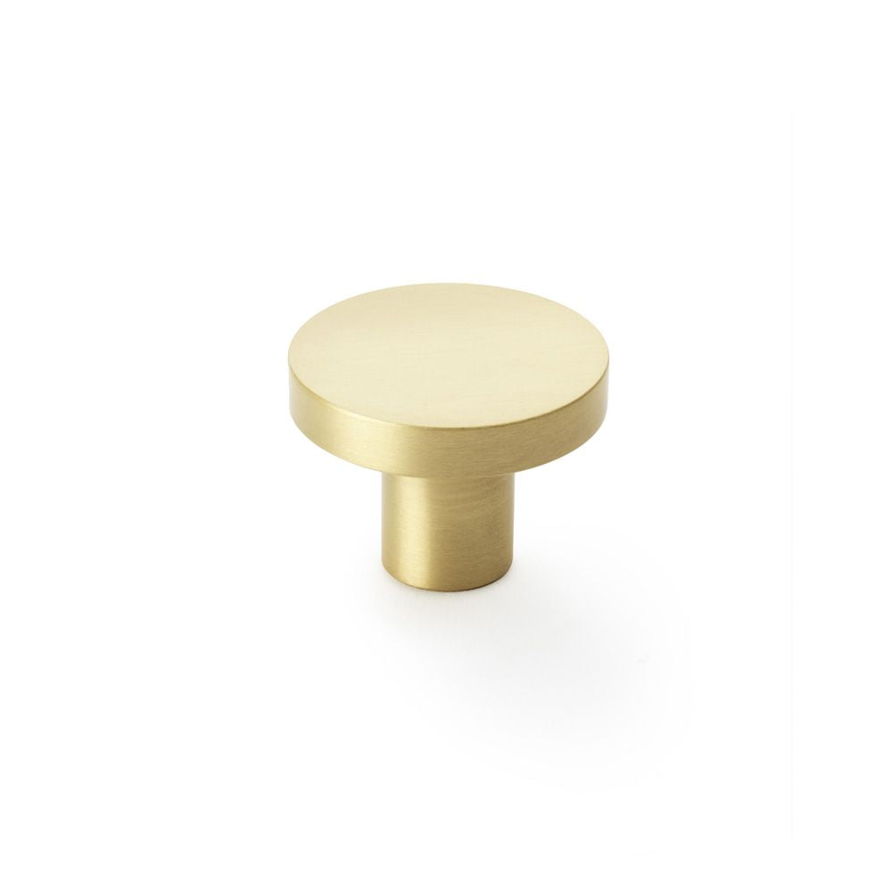 This is an image showing Alexander & Wilks Hanover Plain Cupboard Knob - Satin Brass - Knob 38mm aw821-38-sb available to order from T.H Wiggans Ironmongery in Kendal, quick delivery and discounted prices.