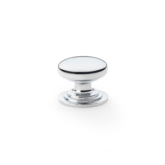 This is an image showing Alexander & Wilks Waltz Round Cupboard Knob on Stepped Rose - Polished Chrome - 32mm aw825-32-pc available to order from T.H Wiggans Ironmongery in Kendal, quick delivery and discounted prices.