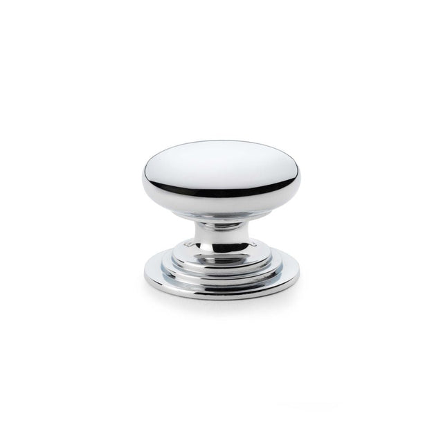 This is an image showing Alexander & Wilks Waltz Round Cupboard Knob on Stepped Rose - Polished Chrome - 38mm aw825-38-pc available to order from T.H Wiggans Ironmongery in Kendal, quick delivery and discounted prices.