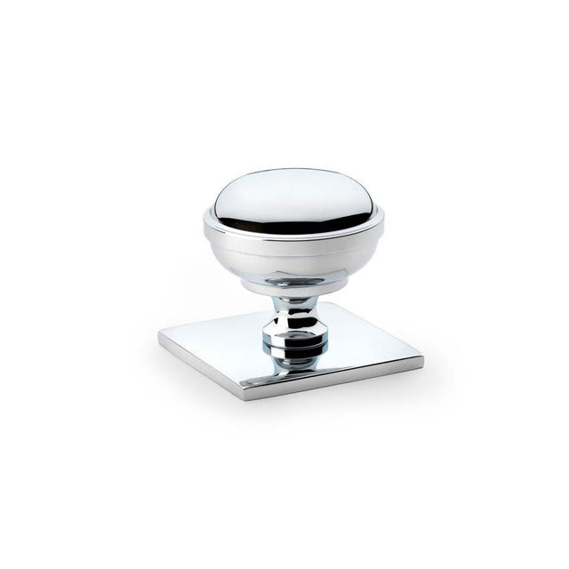 This is an image showing Alexander & Wilks Quantock Cupboard Knob on Square Backplate - Polished Chrome - 34mm aw826-34-pc available to order from T.H Wiggans Ironmongery in Kendal, quick delivery and discounted prices.