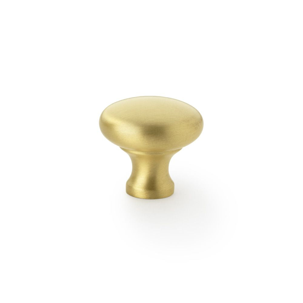 This is an image showing Alexander & Wilks Wade Round Cupboard Knob - Satin Brass - 32mm aw836-32-sb available to order from T.H Wiggans Ironmongery in Kendal, quick delivery and discounted prices.