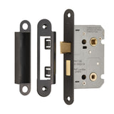 This is an image of a Eurospec - Easi-T Residential Bathroom Lock 65mm - Matt Black that is availble to order from T.H Wiggans Architectural Ironmongery in Kendal.