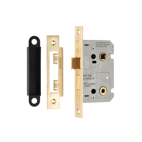 This is an image of a Eurospec - Easi-T Residential Bathroom Lock 65mm - Satin Brass that is availble to order from T.H Wiggans Architectural Ironmongery in Kendal.