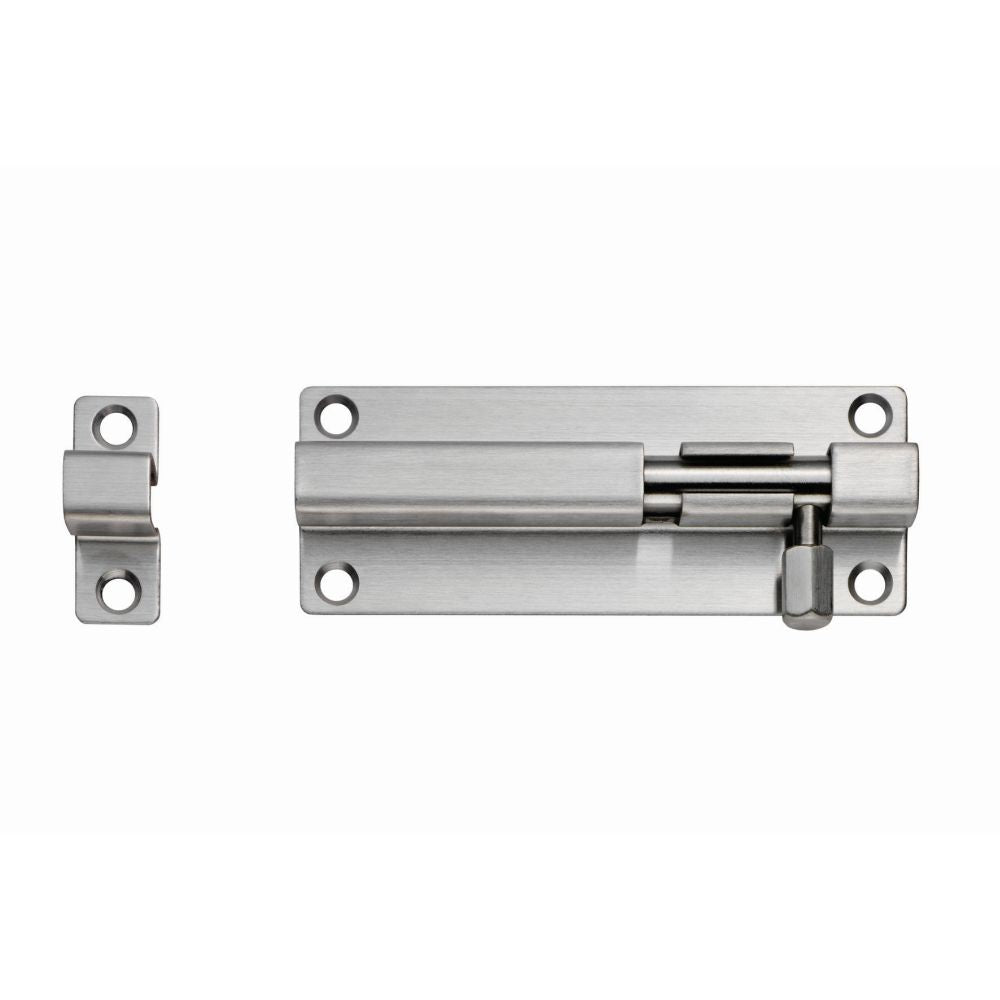 This is an image of a Eurospec - Straight Barrel Bolt - Satin Stainless Steel that is availble to order from T.H Wiggans Architectural Ironmongery in Kendal in Kendal.