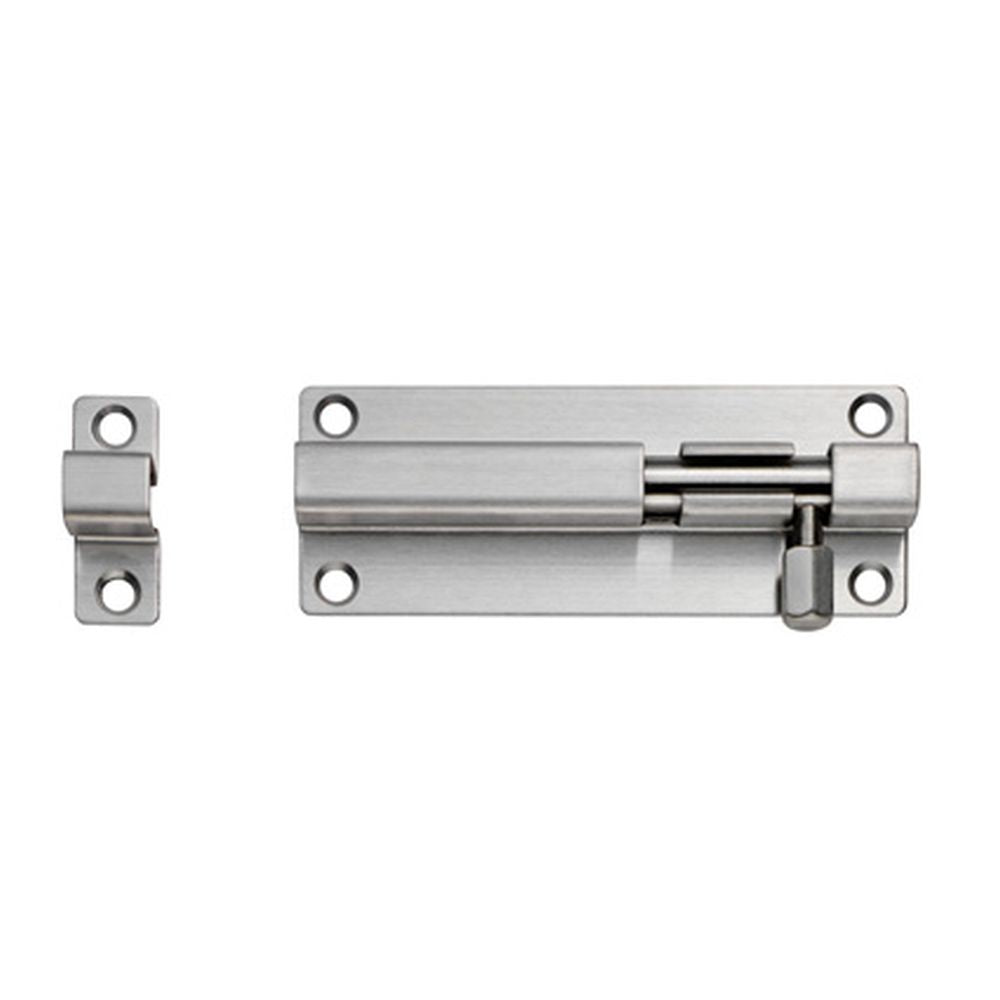 This is an image of a Eurospec - Straight Barrel Bolt - Satin Stainless Steel that is availble to order from T.H Wiggans Architectural Ironmongery in Kendal in Kendal.
