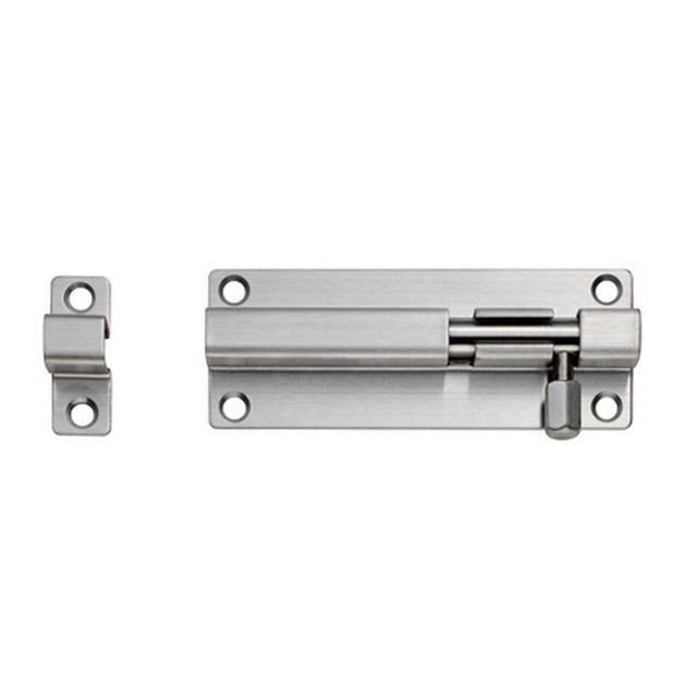 This is an image of a Eurospec - Straight Barrel Bolt - Satin Stainless Steel that is availble to order from T.H Wiggans Architectural Ironmongery in Kendal in Kendal.