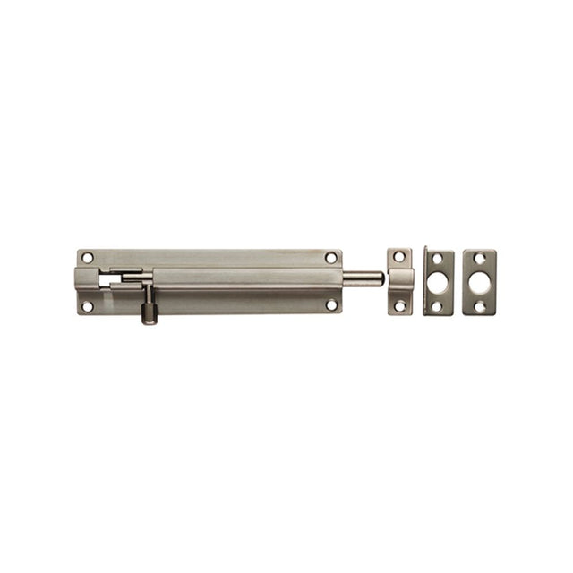 This is an image of a Eurospec - Straight Barrel Bolt - Satin Stainless Steel that is availble to order from T.H Wiggans Architectural Ironmongery in Kendal in Kendal.