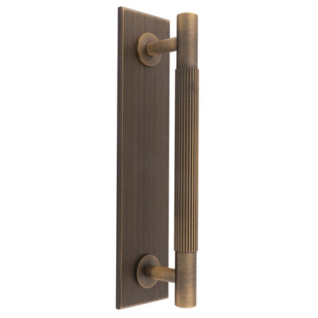 This is an image of a Carlisle Brass - Lines Pull Handles on backplate that is availble to order from T.H Wiggans Architectural Ironmongery in Kendal in Kendal.