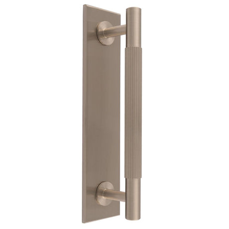 This is an image of a Carlisle Brass - Lines Pull Handles on backplate that is availble to order from T.H Wiggans Architectural Ironmongery in Kendal in Kendal.