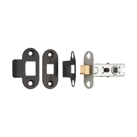 This is an image of a Eurospec - 64mm Ce B/T Tubular Mortice Latch Radius - Matt Black that is availble to order from T.H Wiggans Architectural Ironmongery in Kendal.