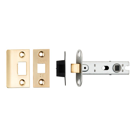 This is an image of a Eurospec - 76Mm Ce B/T Tubular Mortice Latch Square - Satin Brass that is availble to order from T.H Wiggans Architectural Ironmongery in Kendal.