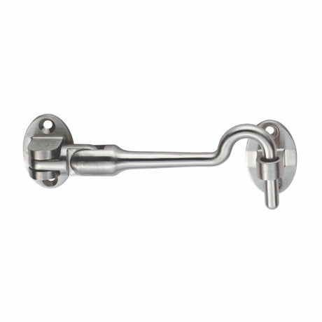 This is an image of a Eurospec - Silent Pattern Cabin Hook 100mm - Satin Stainless Steel that is availble to order from T.H Wiggans Architectural Ironmongery in Kendal in Kendal.