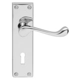 This is an image of Carlisle Brass - Contract Victorian Scroll Lever on Lock Backplate - Polished Ch available to order from T.H Wiggans Architectural Ironmongery in Kendal, quick delivery and discounted prices.