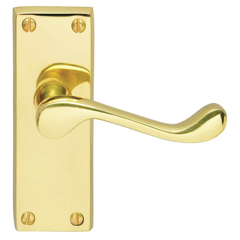 This is an image of Carlisle Brass - Victorian Scroll Lever on Short Latch Backplate - Polished Bras available to order from T.H Wiggans Architectural Ironmongery in Kendal, quick delivery and discounted prices.