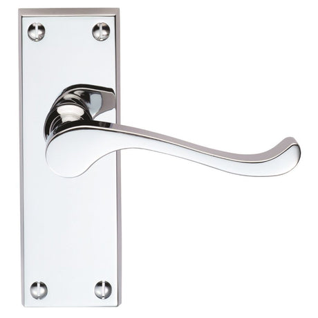 This is an image of Carlisle Brass - Victorian Scroll Lever on Short Latch Backplate - Polished Chro available to order from T.H Wiggans Architectural Ironmongery in Kendal, quick delivery and discounted prices.