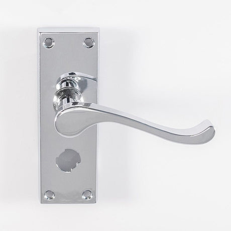 This is an image of Carlisle Brass - Contract Victorian Scroll Lever on Privacy Backplate - Polished available to order from T.H Wiggans Architectural Ironmongery in Kendal, quick delivery and discounted prices.
