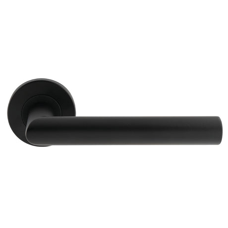 This is an image of a Eurospec - Mitred Round Bar Lever on Sprung Rose - Matt Black csl1192mb that is availble to order from T.H Wiggans Ironmongery in Kendal.