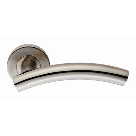 This is an image of Eurospec - Curved Lever on Sprung Rose - Satin Stainless Steel available to order from T.H Wiggans Architectural Ironmongery in Kendal, quick delivery and discounted prices.