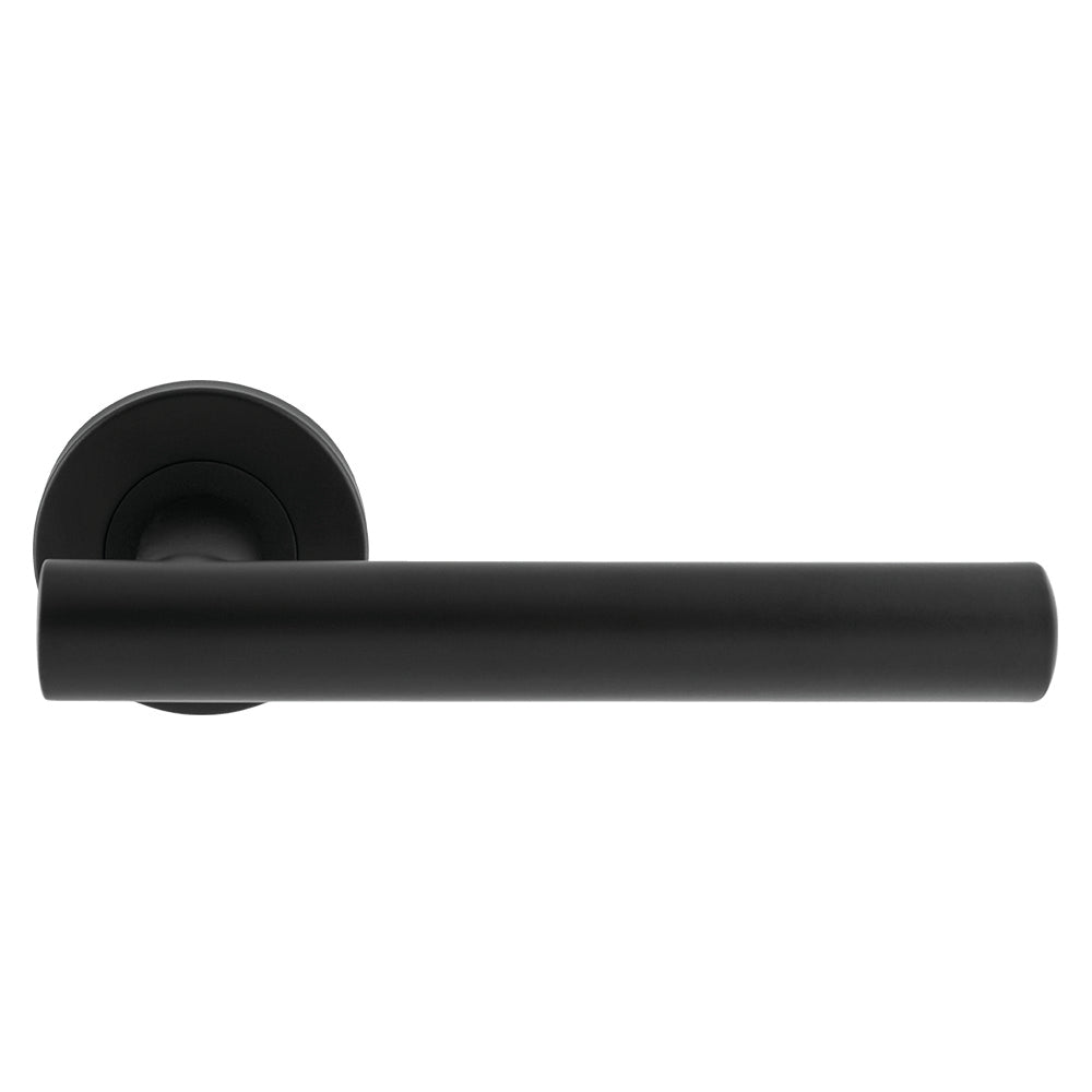 This is an image of a Eurospec - Straight Lever on Sprung Rose - Matt Black csl1194mb that is availble to order from T.H Wiggans Ironmongery in Kendal.