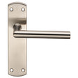 This is an image of Eurospec - Steelworx Residential Mitred Lever on Latch Backplate - Satin Stainle available to order from T.H Wiggans Architectural Ironmongery in Kendal, quick delivery and discounted prices.