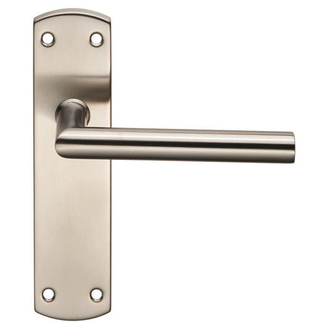 This is an image of Eurospec - Steelworx Residential Mitred Lever on Latch Backplate - Satin Stainle available to order from T.H Wiggans Architectural Ironmongery in Kendal, quick delivery and discounted prices.