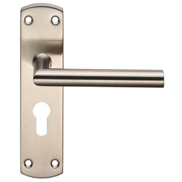 This is an image of Eurospec - Steelworx Residential Mitred Lever on Euro Lock Backplate - Satin Sta available to order from T.H Wiggans Architectural Ironmongery in Kendal, quick delivery and discounted prices.