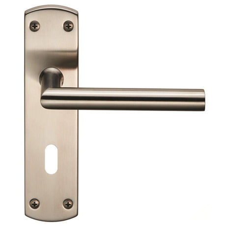 This is an image of Eurospec - Steelworx Residential Mitred Lever on Lock Backplate - Satin Stainles available to order from T.H Wiggans Architectural Ironmongery in Kendal, quick delivery and discounted prices.