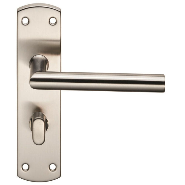 This is an image of Eurospec - Steelworx Residential Mitred Lever on WC Backplate - Satin Stainless available to order from T.H Wiggans Architectural Ironmongery in Kendal, quick delivery and discounted prices.