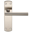 This is an image of Eurospec - Steelworx Residential T Bar Lever on Latch Backplate - Satin Stainles available to order from T.H Wiggans Architectural Ironmongery in Kendal, quick delivery and discounted prices.