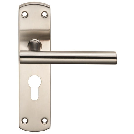 This is an image of Eurospec - Steelworx Residential T Bar Lever on Euro Lock Backplate - Satin Stai available to order from T.H Wiggans Architectural Ironmongery in Kendal, quick delivery and discounted prices.