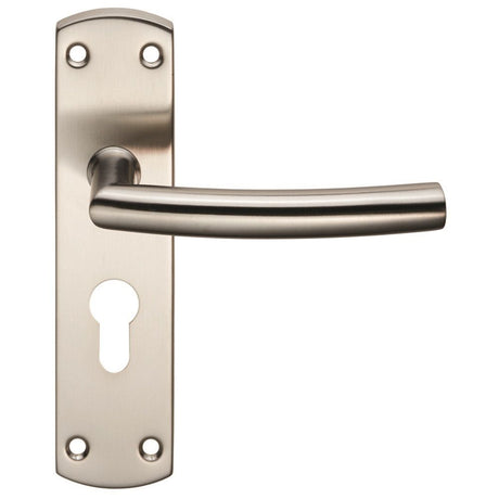 This is an image of Eurospec - Steelworx Residential Arched Lever on Euro Lock Backplate - Satin Sta available to order from T.H Wiggans Architectural Ironmongery in Kendal, quick delivery and discounted prices.