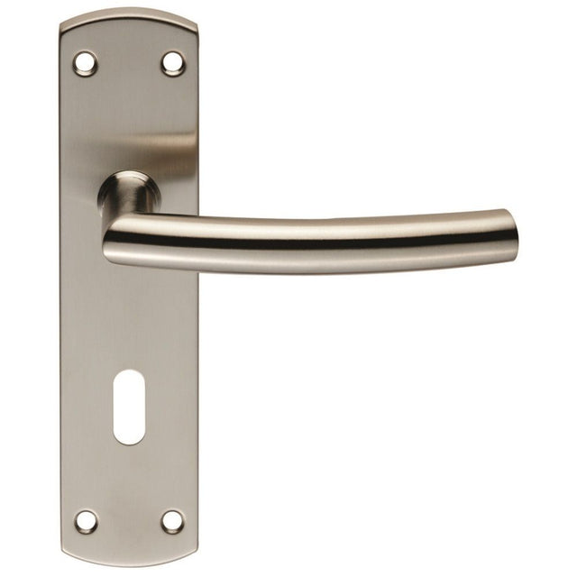 This is an image of Eurospec - Steelworx Residential Arched Lever on Lock Backplate - Satin Stainles available to order from T.H Wiggans Architectural Ironmongery in Kendal, quick delivery and discounted prices.