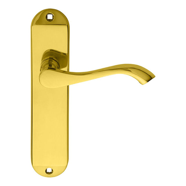 This is an image of Carlisle Brass - Andros Lever on Latch Backplate - Polished Brass available to order from T.H Wiggans Architectural Ironmongery in Kendal, quick delivery and discounted prices.