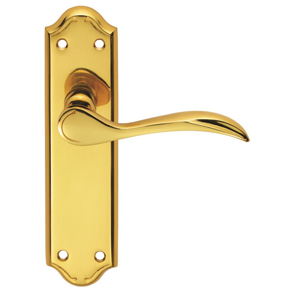 This is an image of Carlisle Brass - Madrid Lever on Latch Backplate - Polished Brass available to order from T.H Wiggans Architectural Ironmongery in Kendal, quick delivery and discounted prices.